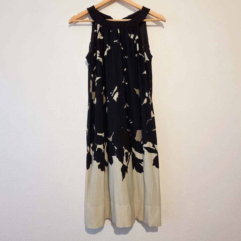 Taylor Black Cream Floral Halter Neck Shift Dress Sz 2 Tie Back Cocktail Classy